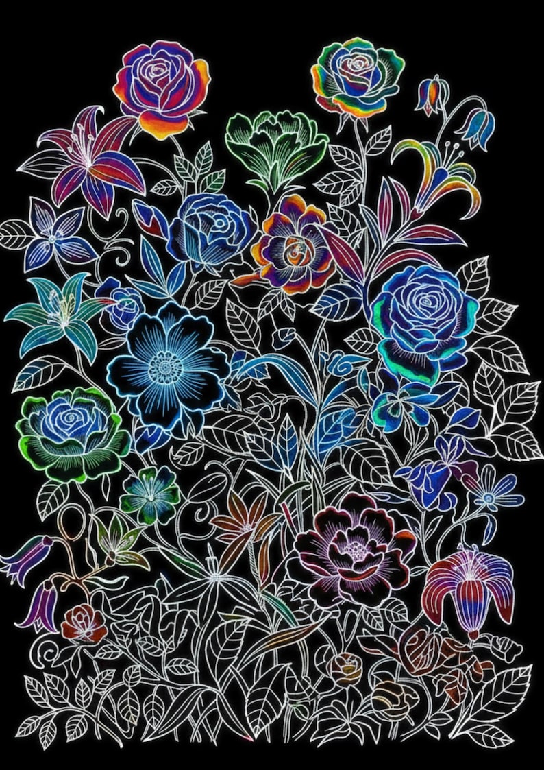 Reverse Coloring Book – Black Background Floral Designs Ink Tracing ...