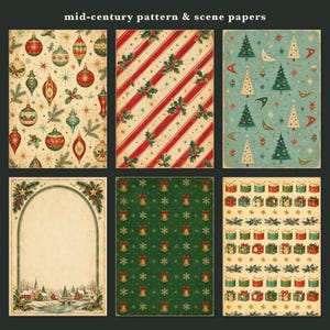 May include: Six rectangular sheets of decorative paper labeled mid-century pattern & scene papers. Designs include vintage Christmas ornaments, diagonal red stripes with holly, retro trees, a winter village frame, gold bells, and gift boxes.