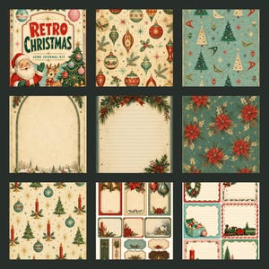 May include: A junk journal kit featuring nine panels with retro Christmas themes, including Santa, reindeer, ornaments, poinsettias, and trees. The designs include patterned papers, lined stationery, and decorative labels with vintage holiday illustrations.