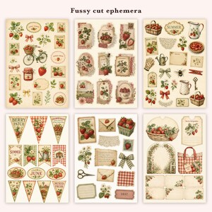 Sommarjordgubbar skräpjournal, 51 utskrivbara sidor vintage bondgårdsbärs-ephemera, gingham stugträdgård, direktnedladdning bild 12
