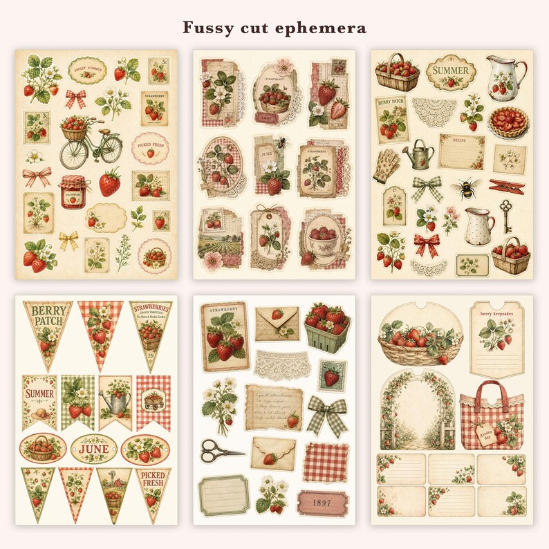 Sommarjordgubbar skräpjournal, 51 utskrivbara sidor vintage bondgårdsbärs-ephemera, gingham stugträdgård, direktnedladdning bild 12