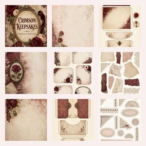 K&ouml;nnte beinhalten: Ein digitales Junk-Journal-Set mit dem Titel Crimson Keepsakes, das Papierb&ouml;gen, Ausschnitte und Ephemera im Vintage-Stil enth&auml;lt. Die Sammlung umfasst florale Muster mit dunkelroten Rosen, verzierten Rahmen, Spitzenborten und Schl&uuml;sseln.