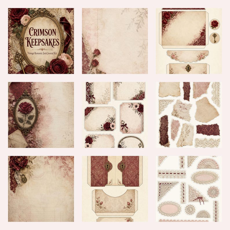 K&ouml;nnte beinhalten: Ein digitales Junk-Journal-Set mit dem Titel Crimson Keepsakes, das Papierb&ouml;gen, Ausschnitte und Ephemera im Vintage-Stil enth&auml;lt. Die Sammlung umfasst florale Muster mit dunkelroten Rosen, verzierten Rahmen, Spitzenborten und Schl&uuml;sseln.