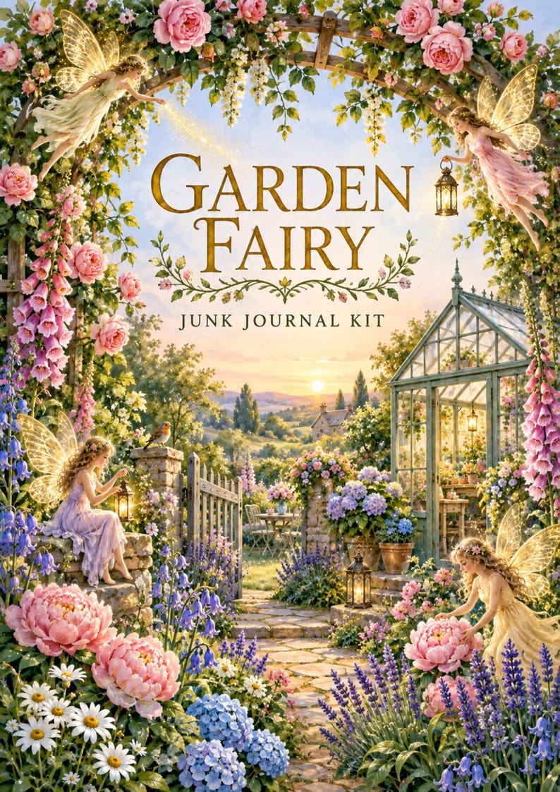 Kit de diario creativo de hadas de jardín, 50 páginas imprimibles con ilustraciones vintage de jardines de hadas, papeles Cottage Roses, descarga instantánea. imagen 1