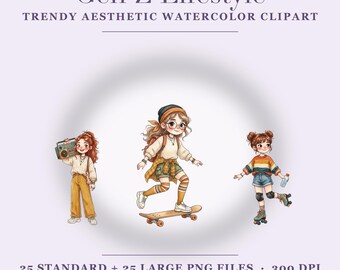 Gen Z Aesthetic Clipart- 25 Trendy  Watercolor Bundle PNG files (4096×4096px) Transparent background · 300 DPI