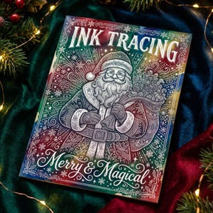 May include: A Christmas-themed colouring book titled "Ink Tracing" featuring a detailed illustration of Father Christmas with a sack of gifts. The cover has a colourful, festive design with the words "Merry & Magical".