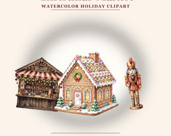 Christmas Market Clipart Bundle | 25 Watercolor Holiday PNG | Gingerbread House Mulled Wine Nutcracker Clipart | Festive Mug Decor
