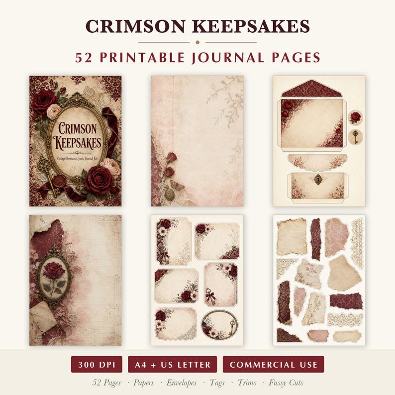 K&ouml;nnte beinhalten: Eine Sammlung von 52 druckbaren Journal-Seiten mit dem Titel Crimson Keepsakes, die Vintage-Designs mit dunkelroten Rosen, verzierten Rahmen, Schl&uuml;sseln, Spitzenmustern und Umschl&auml;gen zeigen. Das Set enth&auml;lt verschiedene Papierb&ouml;gen, Anh&auml;nger und Verzierungen.