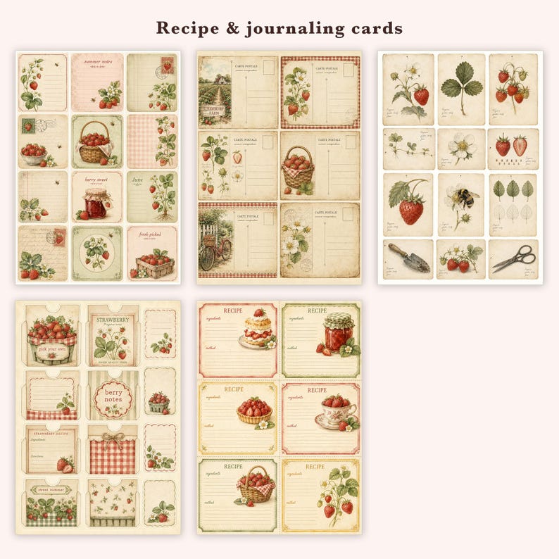 Sommarjordgubbar skräpjournal, 51 utskrivbara sidor vintage bondgårdsbärs-ephemera, gingham stugträdgård, direktnedladdning bild 11