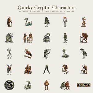 Pode incluir: Uma cole&ccedil;&atilde;o digital intitulada Quirky Cryptid Characters apresentando 25 ilustra&ccedil;&otilde;es individuais de v&aacute;rias criaturas m&iacute;ticas, incluindo figuras humanoides, seres alados e serpentes, apresentadas em uma grade sobre um fundo claro.