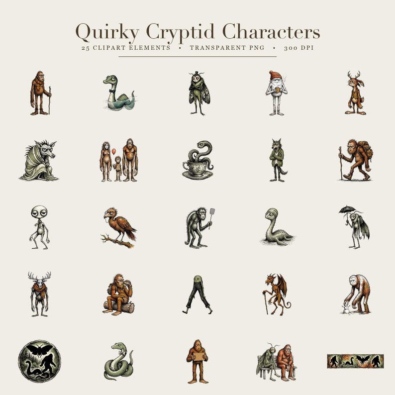 Pode incluir: Uma cole&ccedil;&atilde;o digital intitulada Quirky Cryptid Characters apresentando 25 ilustra&ccedil;&otilde;es individuais de v&aacute;rias criaturas m&iacute;ticas, incluindo figuras humanoides, seres alados e serpentes, apresentadas em uma grade sobre um fundo claro.