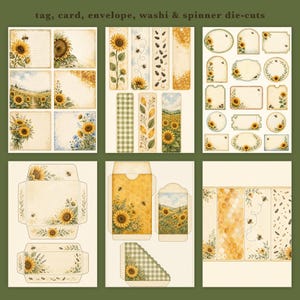 May include: A collection of paper craft supplies featuring sunflower and bee illustrations. The set includes square cards, rectangular bookmarks, various shaped tags, envelope templates, and patterned strips with a vintage aesthetic.