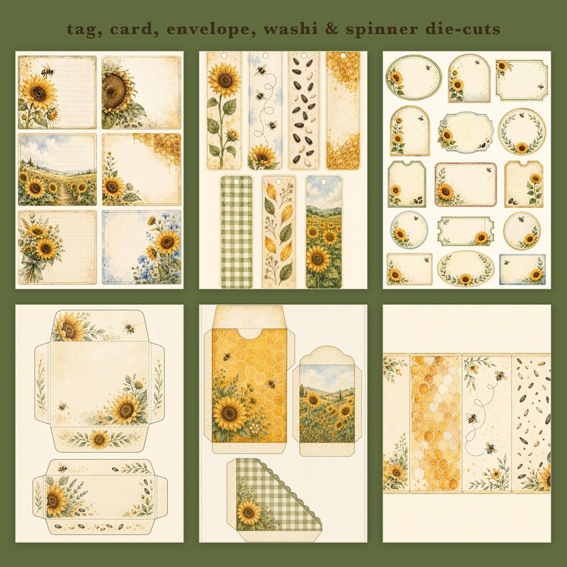 May include: A collection of paper craft supplies featuring sunflower and bee illustrations. The set includes square cards, rectangular bookmarks, various shaped tags, envelope templates, and patterned strips with a vintage aesthetic.