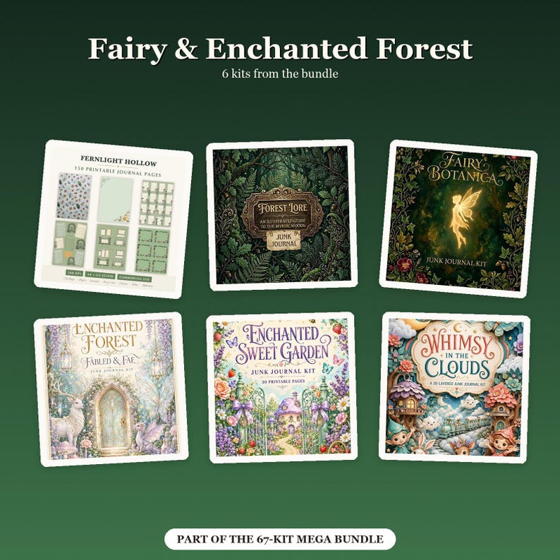 Puede incluir: Una colecci&oacute;n de seis kits digitales de junk journal titulados Fairy & Enchanted Forest. Los kits presentan portadas y p&aacute;ginas ilustradas con temas como Fernlight Hollow, Forest Lore, Fairy Botanica, Enchanted Forest, Enchanted Sweet Garden y Whimsy in the Clouds. Cada kit muestra ilustraciones, texto y elementos decorativos &uacute;nicos para proyectos de manualidades en papel.