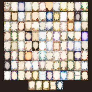 May include: A collection of rectangular stationery sheets featuring diverse decorative borders with floral, celestial, animal, and landscape illustrations. Each sheet has a central blank area for writing, showcasing varied color palettes and artistic themes.