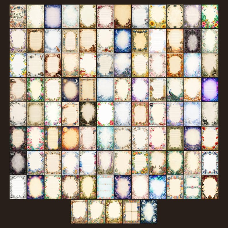 May include: A collection of rectangular stationery sheets featuring diverse decorative borders with floral, celestial, animal, and landscape illustrations. Each sheet has a central blank area for writing, showcasing varied color palettes and artistic themes.