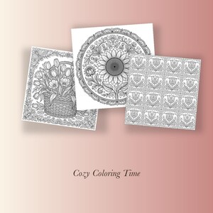 May include: Three square coloring pages with black and white line art featuring a basket of tulips, a large sunflower mandala, and a grid of floral patterns. The text Cozy Coloring Time is printed in a dark brown serif font below the images.