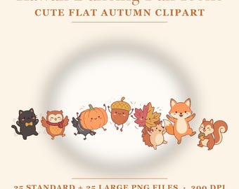 Kawaii Fall Clipart Bundle | 25 Dancing Autumn PNG | Cute Pumpkin Fox Owl Clipart | Halloween Thanksgiving | Commercial Use