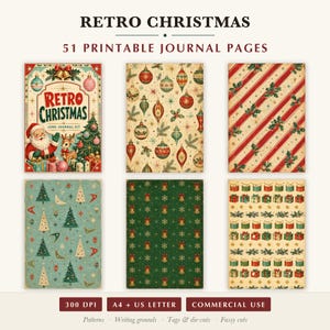 May include: A set of 51 printable journal pages titled Retro Christmas Junk Journal Kit. The pages feature various holiday designs including Santa Claus, ornaments, diagonal stripes with holly, Christmas trees, bells, and gift boxes.