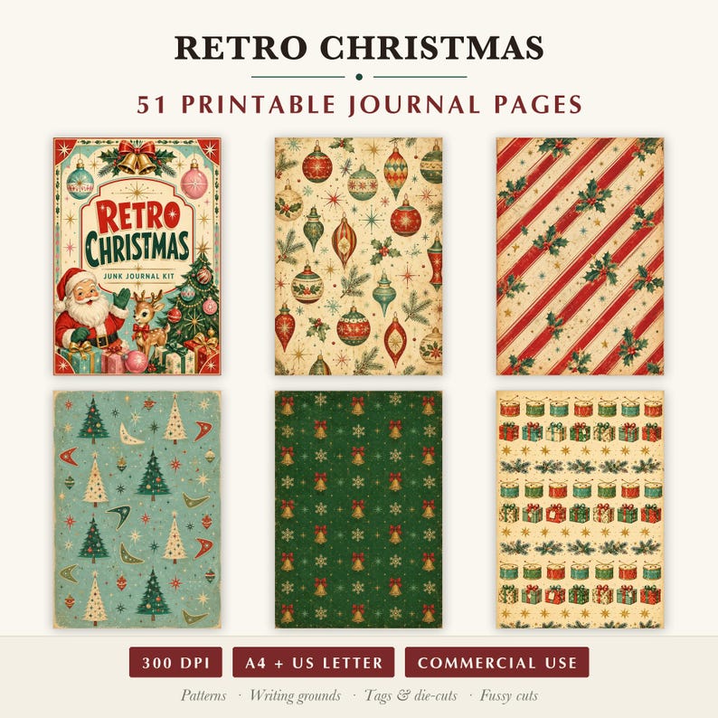 May include: A set of 51 printable journal pages titled Retro Christmas Junk Journal Kit. The pages feature various holiday designs including Santa Claus, ornaments, diagonal stripes with holly, Christmas trees, bells, and gift boxes.