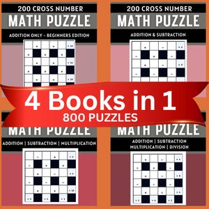Puede incluir: Se muestran cuatro libros de rompecabezas matemáticos, cada uno con un enfoque diferente: solo suma, suma y resta, suma, resta y multiplicación, y suma, resta, multiplicación y división. Los libros son de color naranja y negro.