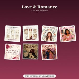 Puede incluir: Una colecci&oacute;n digital de 7 kits de diario imprimibles titulada Love & Romance, que presenta varios temas rom&aacute;nticos, ilustraciones de parejas, acentos florales y gr&aacute;ficos de estilo vintage con texto incluido.