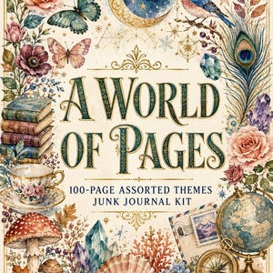 May include: A junk journal kit titled A World of Pages 100-Page Assorted Themes. The cover features illustrations of a crescent moon, a blue bird, butterflies, roses, stacked books, a teacup, mushrooms, crystals, a globe, and a compass.