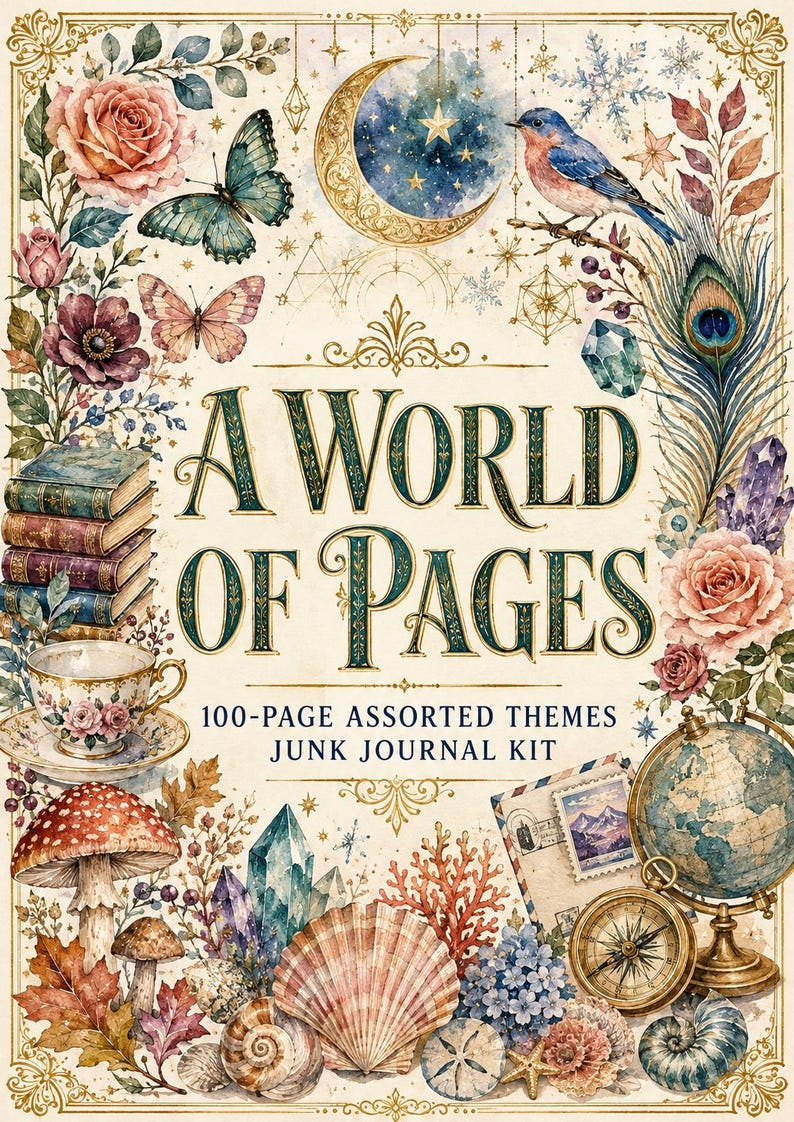 May include: A junk journal kit titled A World of Pages 100-Page Assorted Themes. The cover features illustrations of a crescent moon, a blue bird, butterflies, roses, stacked books, a teacup, mushrooms, crystals, a globe, and a compass.