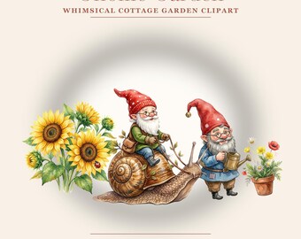 Gnome Garden Clipart Bundle | 25 Whimsical Watercolor PNG | Cottage Garden Gnome Floral Clipart | Spring Home Decor | Commercial Use