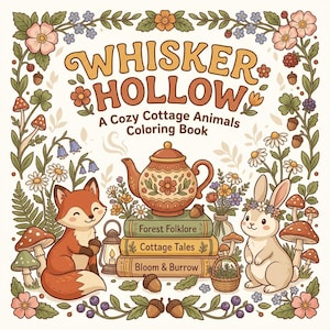 May include: A coloring book titled Whisker Hollow: A Cozy Cottage Animals Coloring Book. The cover features a fox and a rabbit, a teapot on a stack of three books labeled Forest Folklore, Cottage Tales, and Bloom & Burrow, all framed by flowers.