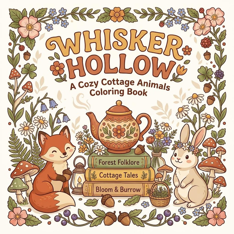 May include: A coloring book titled Whisker Hollow: A Cozy Cottage Animals Coloring Book. The cover features a fox and a rabbit, a teapot on a stack of three books labeled Forest Folklore, Cottage Tales, and Bloom & Burrow, all framed by flowers.