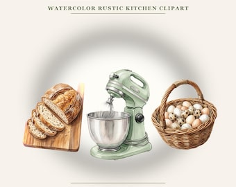 Farmhouse Kitchen Clipart Bundle | 25 Watercolor Rustic PNG | Stand Mixer Sourdough Egg Basket Clipart | Kitchen Decor Recipe Card
