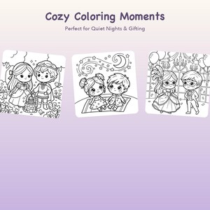 Op de afbeelding: Drie vierkante kleurplaten met zwart-witte lijntekeningen van stripfiguren. De tekst luidt Cozy Coloring Moments en Perfect for Quiet Nights & Gifting. De illustraties tonen een koninklijk paar, kinderen die naar de sterren kijken en een gemaskerd bal.