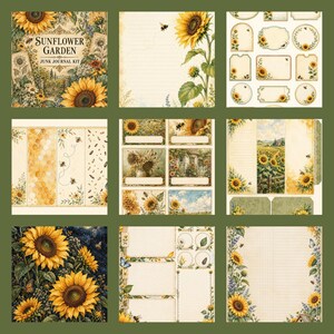 May include: A Sunflower Garden junk journal kit featuring various paper sheets with sunflower illustrations, bees, honeycomb patterns, and vintage-style labels. The collection includes lined writing pages, decorative tags, and floral borders in yellow, green, and cream tones.