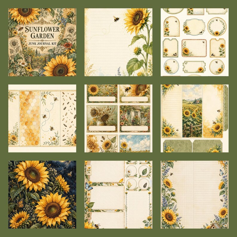 May include: A Sunflower Garden junk journal kit featuring various paper sheets with sunflower illustrations, bees, honeycomb patterns, and vintage-style labels. The collection includes lined writing pages, decorative tags, and floral borders in yellow, green, and cream tones.