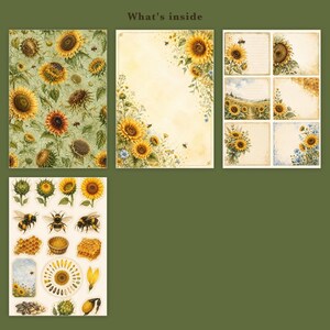 May include: A collection of stationery featuring sunflower and bee illustrations. The set includes a patterned sheet, a border-decorated page, six small note cards, and a sticker sheet with bees, honeycombs, and sunflower parts. Text reads What's inside.