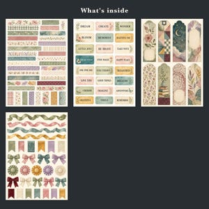 May include: A collection of decorative paper ephemera featuring four distinct sheets. The set includes various adhesive strips, rectangular labels with inspirational text, vertical bookmarks with floral and celestial motifs, and ribbon-shaped stickers.