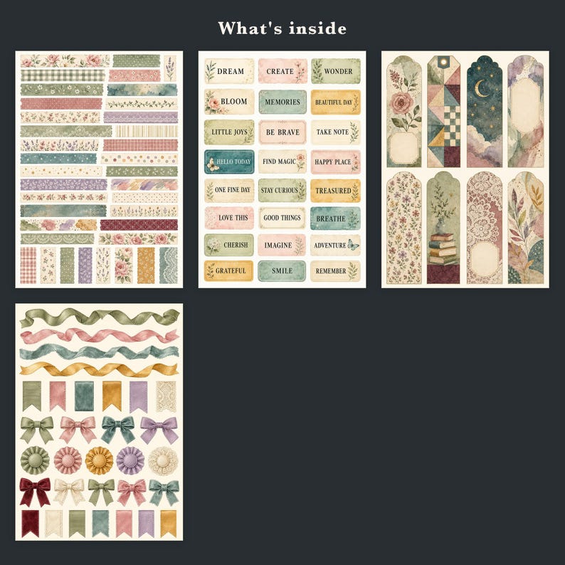 May include: A collection of decorative paper ephemera featuring four distinct sheets. The set includes various adhesive strips, rectangular labels with inspirational text, vertical bookmarks with floral and celestial motifs, and ribbon-shaped stickers.