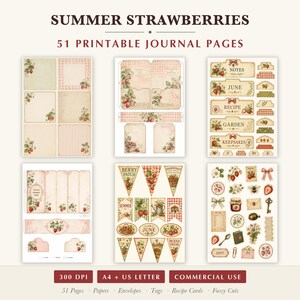 Sommarjordgubbar skräpjournal, 51 utskrivbara sidor vintage bondgårdsbärs-ephemera, gingham stugträdgård, direktnedladdning bild 1