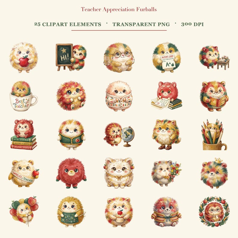 Teacher Appreciation Furball Clipart Bundle | 25 Cute Watercolor ...