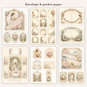 May include: A collection of printable paper craft sheets titled Envelope & pocket pages, featuring vintage-style illustrations of children, floral bouquets, doves, and ornate gates in soft pastel tones of cream, pink, and blue on a white background.