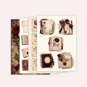 K&ouml;nnte beinhalten: Eine Sammlung dekorativer Papier-Ephemera mit Illustrationen im Vintage-Stil von dunkelroten Rosen, antiken Schl&uuml;sseln, mit Wachs versiegelten Umschl&auml;gen und verzierten B&uuml;chern. Das Set enth&auml;lt verschiedene Aufkleber und rechteckige Etiketten.