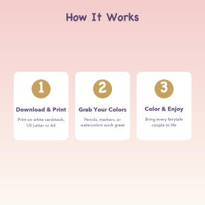 Op de afbeelding: Een afbeelding met de titel How It Works in donkerpaarse tekst. Drie witte rechthoekige vakken bevatten gouden cirkels met de cijfers 1, 2 en 3. De tekst luidt: 1. Download & Print op wit karton, US Letter of A4. 2. Grab Your Colors met potloden, stiften of waterverf. 3. Color & Enjoy en breng elk sprookjeskoppel tot leven.