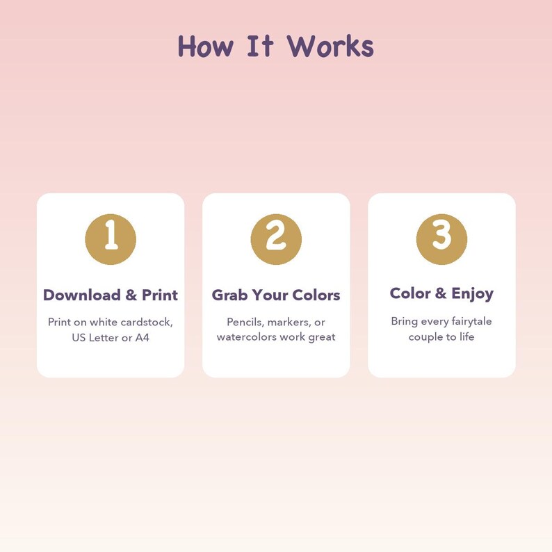 Op de afbeelding: Een afbeelding met de titel How It Works in donkerpaarse tekst. Drie witte rechthoekige vakken bevatten gouden cirkels met de cijfers 1, 2 en 3. De tekst luidt: 1. Download & Print op wit karton, US Letter of A4. 2. Grab Your Colors met potloden, stiften of waterverf. 3. Color & Enjoy en breng elk sprookjeskoppel tot leven.