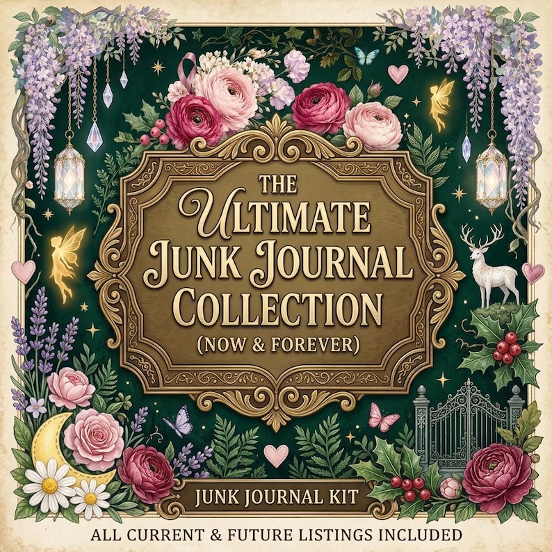 Puede incluir: Un letrero rectangular decorativo con fondo verde oscuro que presenta el texto THE ULTIMATE JUNK JOURNAL COLLECTION (NOW & FOREVER) en letras doradas. El borde est&aacute; adornado con rosas rosadas, lavanda, linternas colgantes, un ciervo blanco y hadas.