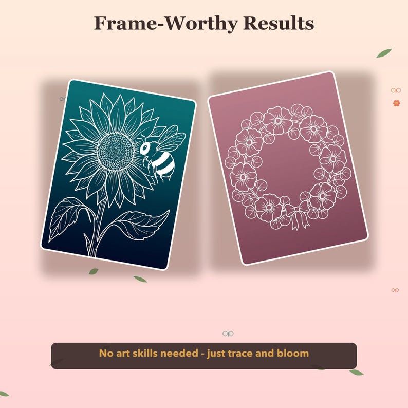 May include: Two rectangular art templates with white line drawings. The left template features a sunflower and a bee on a teal-to-navy gradient background. The right template shows a floral wreath on a mauve background. Text reads Frame-Worthy Results.