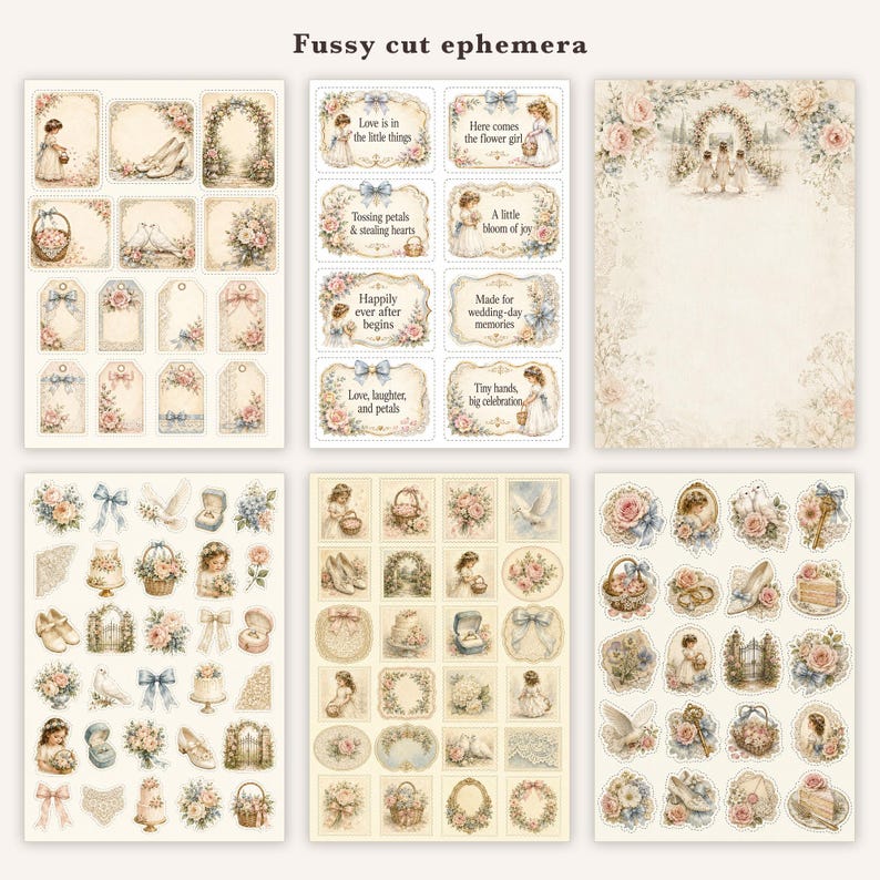 May include: A collection of six sheets of fussy cut ephemera featuring vintage-style wedding illustrations. The designs include floral arrangements, doves, wedding cakes, rings, shoes, and children, with some labels containing text like Love is in the little things.