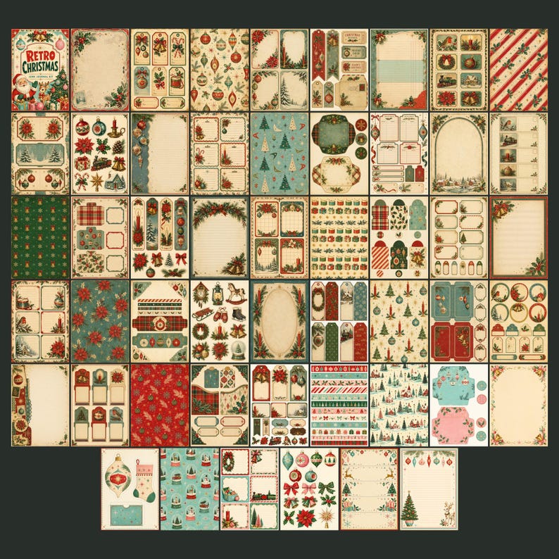 May include: A collection of vintage-style Christmas paper ephemera featuring various designs including gift tags, stationery sheets, envelopes, and patterned backgrounds. The set displays festive motifs like ornaments, poinsettias, and pine trees.
