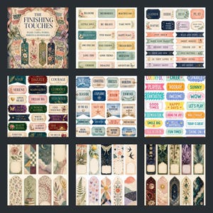 May include: A collection of decorative paper ephemera featuring nine distinct grids. The set includes rectangular labels with inspirational words, ribbon-shaped banners with phrases, and vertical bookmarks adorned with floral, celestial, and nature-themed illustrations.