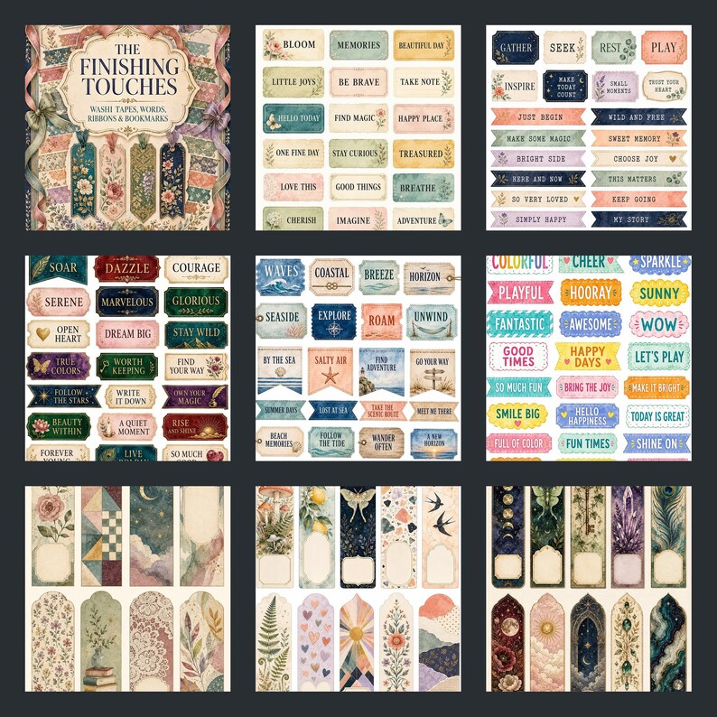 May include: A collection of decorative paper ephemera featuring nine distinct grids. The set includes rectangular labels with inspirational words, ribbon-shaped banners with phrases, and vertical bookmarks adorned with floral, celestial, and nature-themed illustrations.